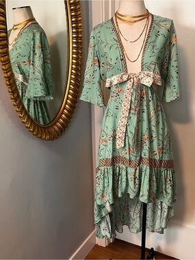 Boho Floral High-Low Dress in Sage Green